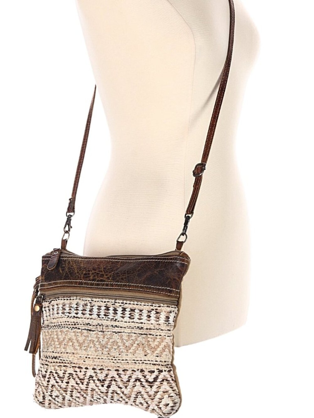 Myra Bag Mixed Pattern Upcycled Leather and Canvas Cross-body Bag